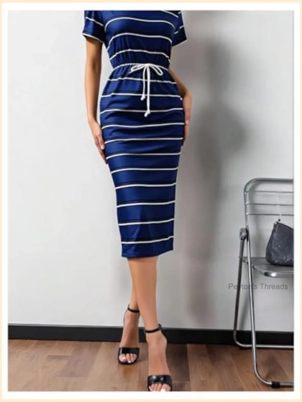 Women's Striped Midi Dress Short Sleeve Drawstring Waist Summer Work Casual - Picture 3 of 5